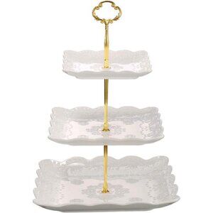 3 Tier Porcelain Cupcake Stand, Tiered Serving Cake Stand, Square White Embossed
